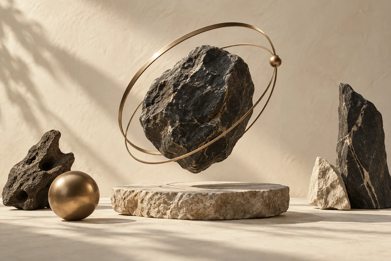 Sculptural stone held in a bronze orbit